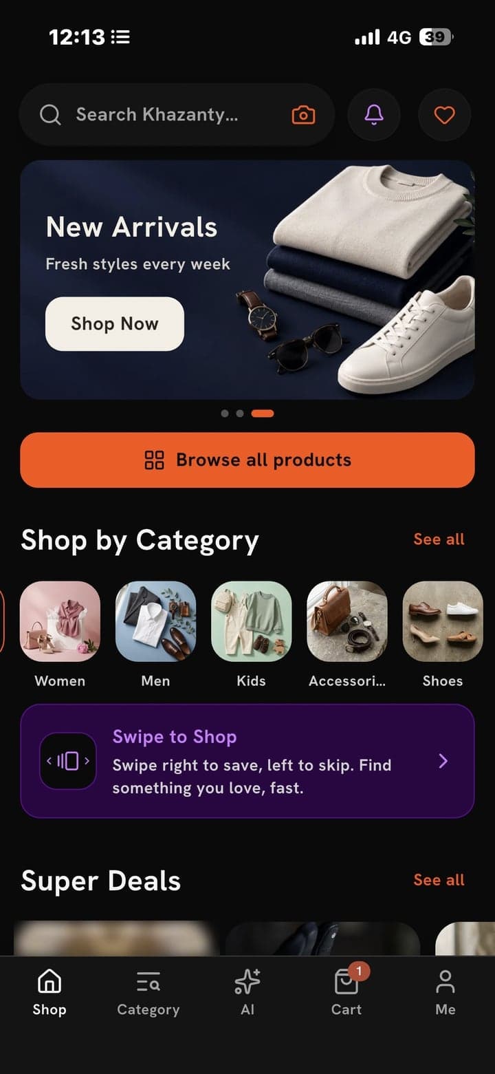 Khazanty app home: new arrivals, categories and deals